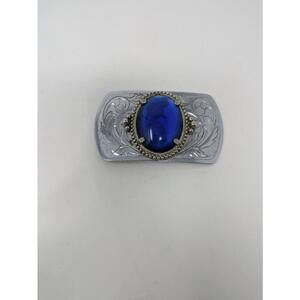 Vintage Sharp Looking Belt Buckle Mexican Silver Cobalt Blue Stone Inlay